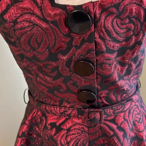 Tatyana Retro Metallic Brocade Fit/Flare Dress.Red/black w/crinoline. XS/S - Picture 2 of 16